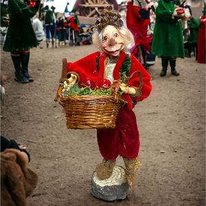 Vintage Christmas Elf Troll figurine dressed in velvet & pine cone hat